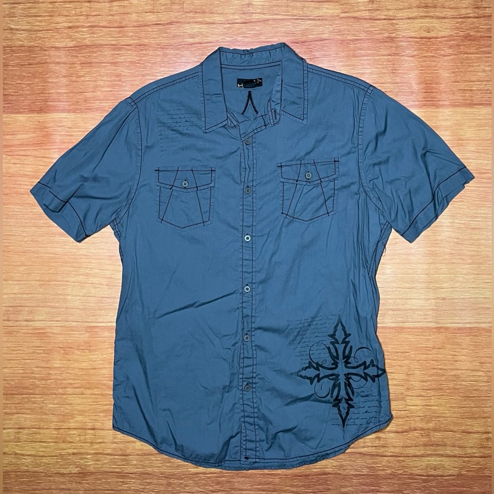 Helix Mens Large Button Up Grey Cross
